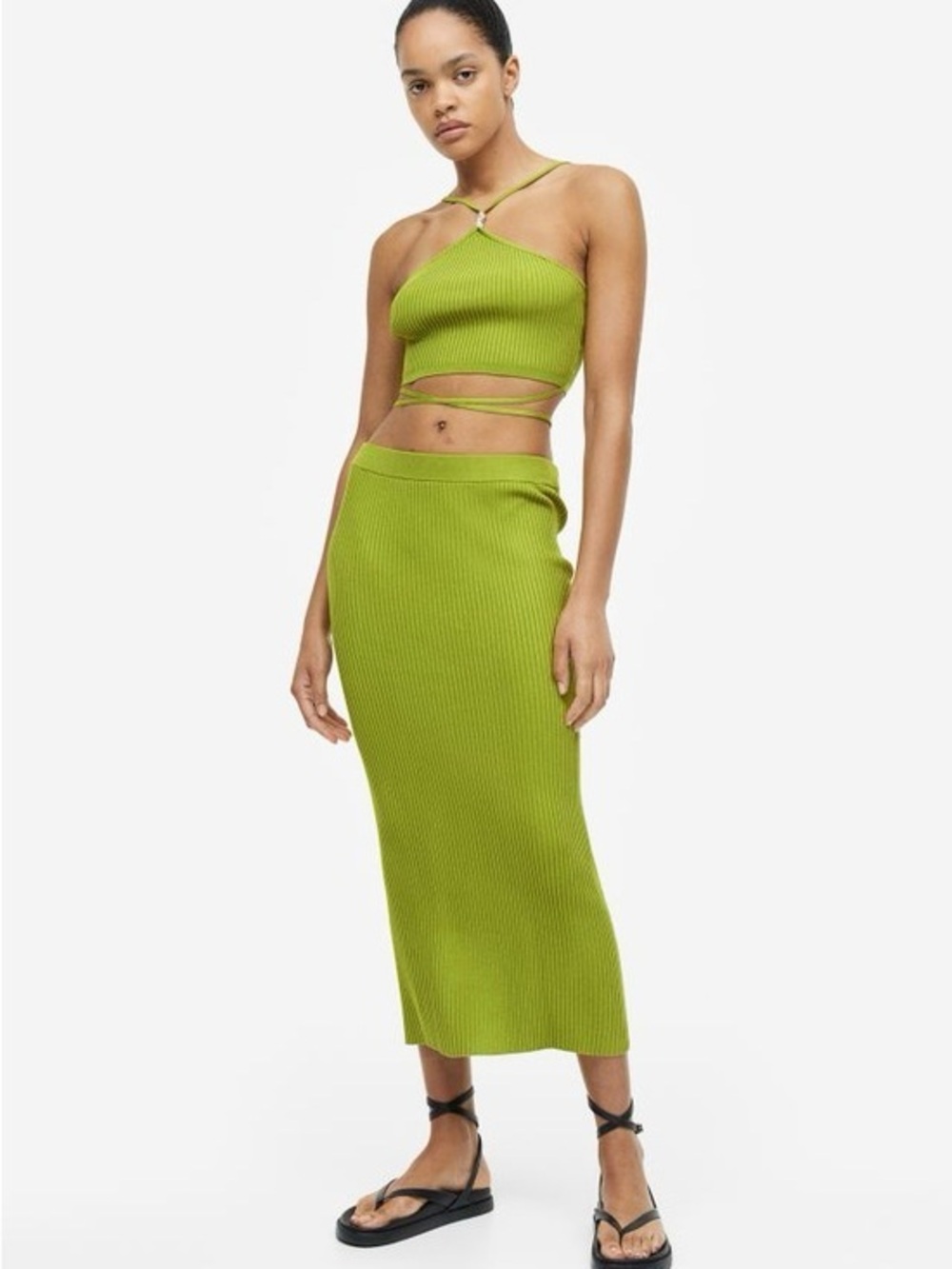 Green knit Ribbed Midi Skirt